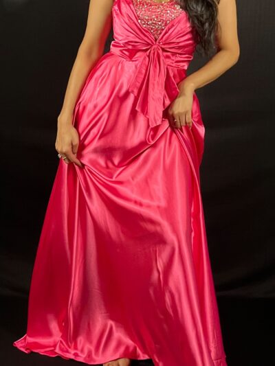 Hot Pink Sequin-Bodice Satin Bow Gown