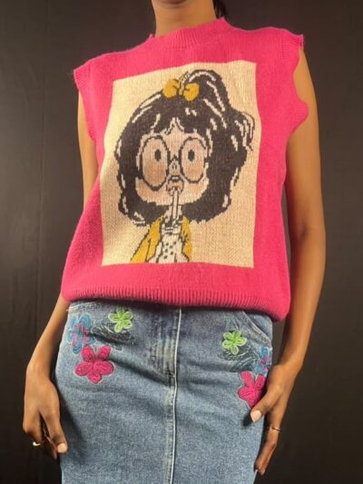 Hot Pink Graphic Knitted Sleeveless Top