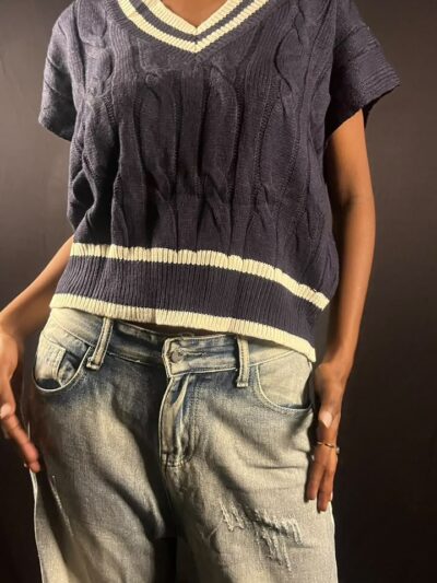 Navy Cable-Knit Short-Sleeve Top