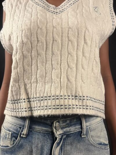 Ivory Cable-Knit V-Neck Sweater Vest