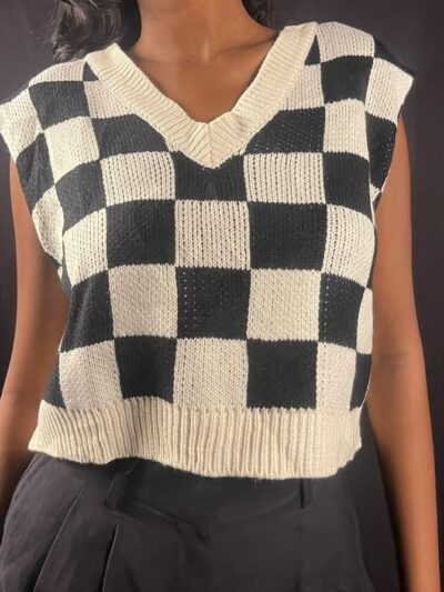 Monochrome Checkerboard Knitted Vest