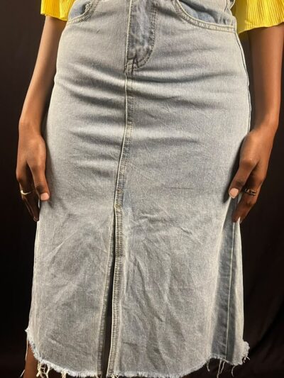 Light-Wash Front-Slit Denim Midi Skirt