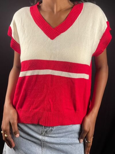 Red & Ivory Colour-Block Knitted Top