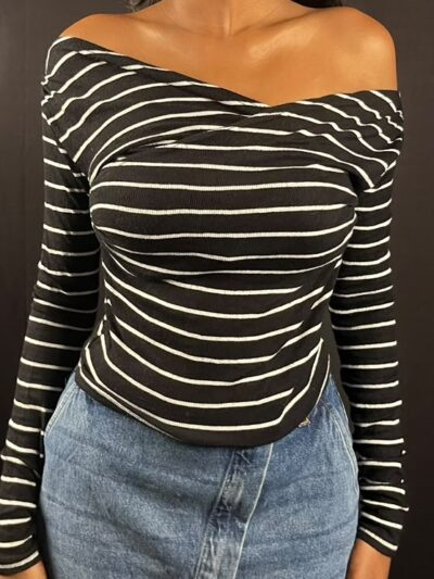 Monochrome Striped Asymmetric Wrap Top