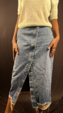 Asymmetrical Wrap-Front Denim Midi Skirt