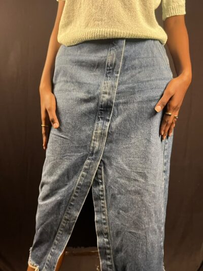 Asymmetrical Wrap-Front Denim Midi Skirt