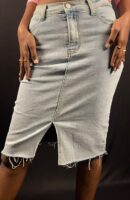 Light-Wash Front-Slit Denim Midi Skirt
