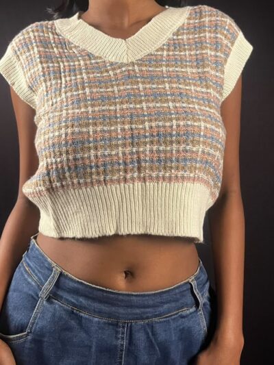Pastel Tweed-Pattern Cropped Sweater Vest
