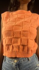 Coral Orange Textured Checkerboard Sweater Vest
