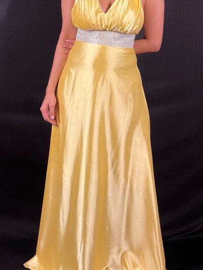 Golden Yellow Crystal-Strap Satin Evening Gown