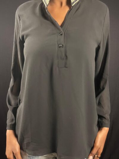 Black Embellished Mandarin-Collar Blouse