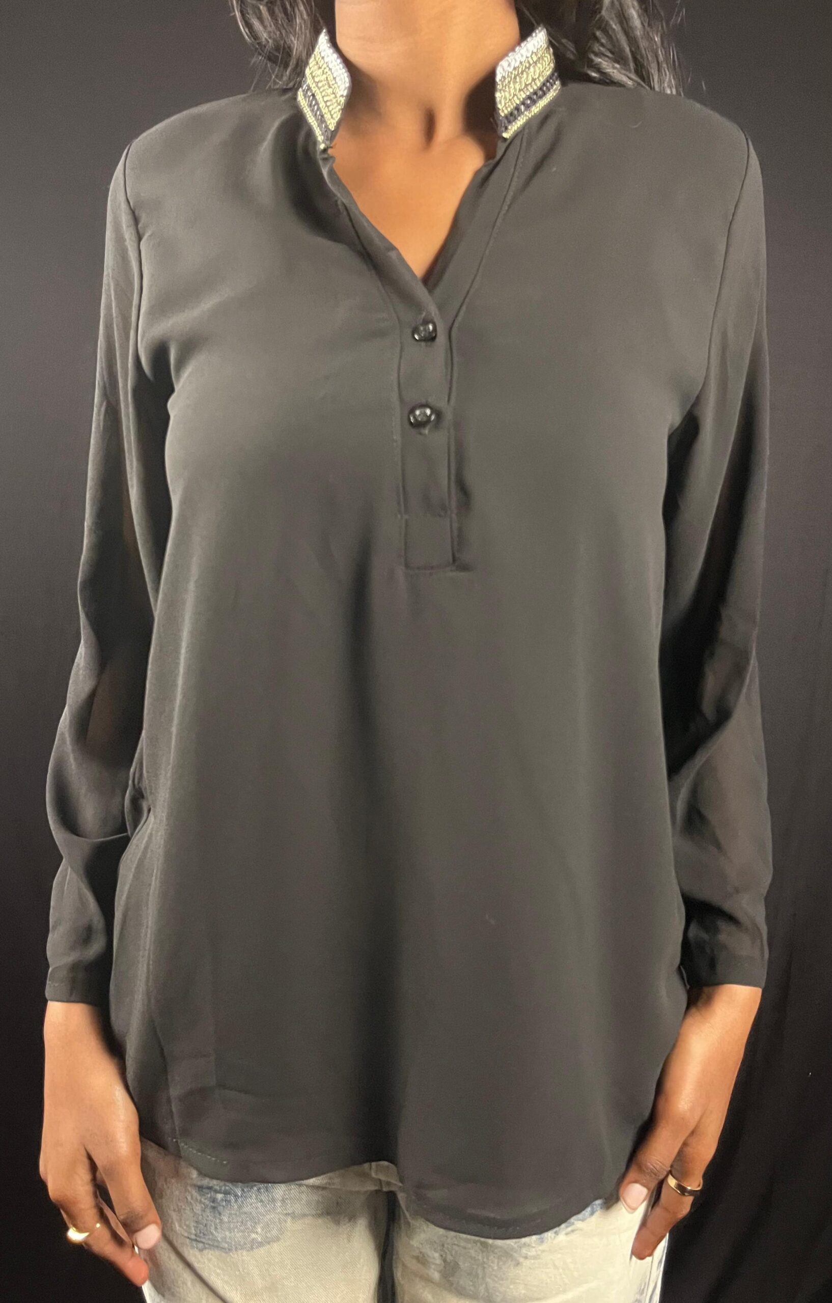 Black Embellished Mandarin-Collar Blouse