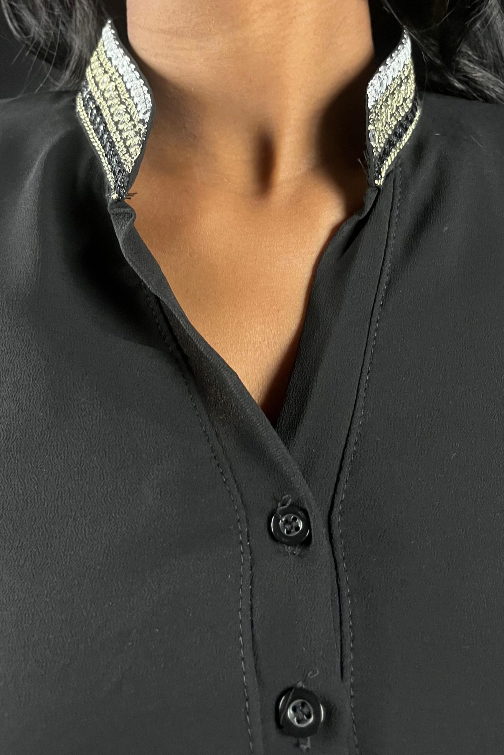 Black Embellished Mandarin-Collar Blouse - Image 3