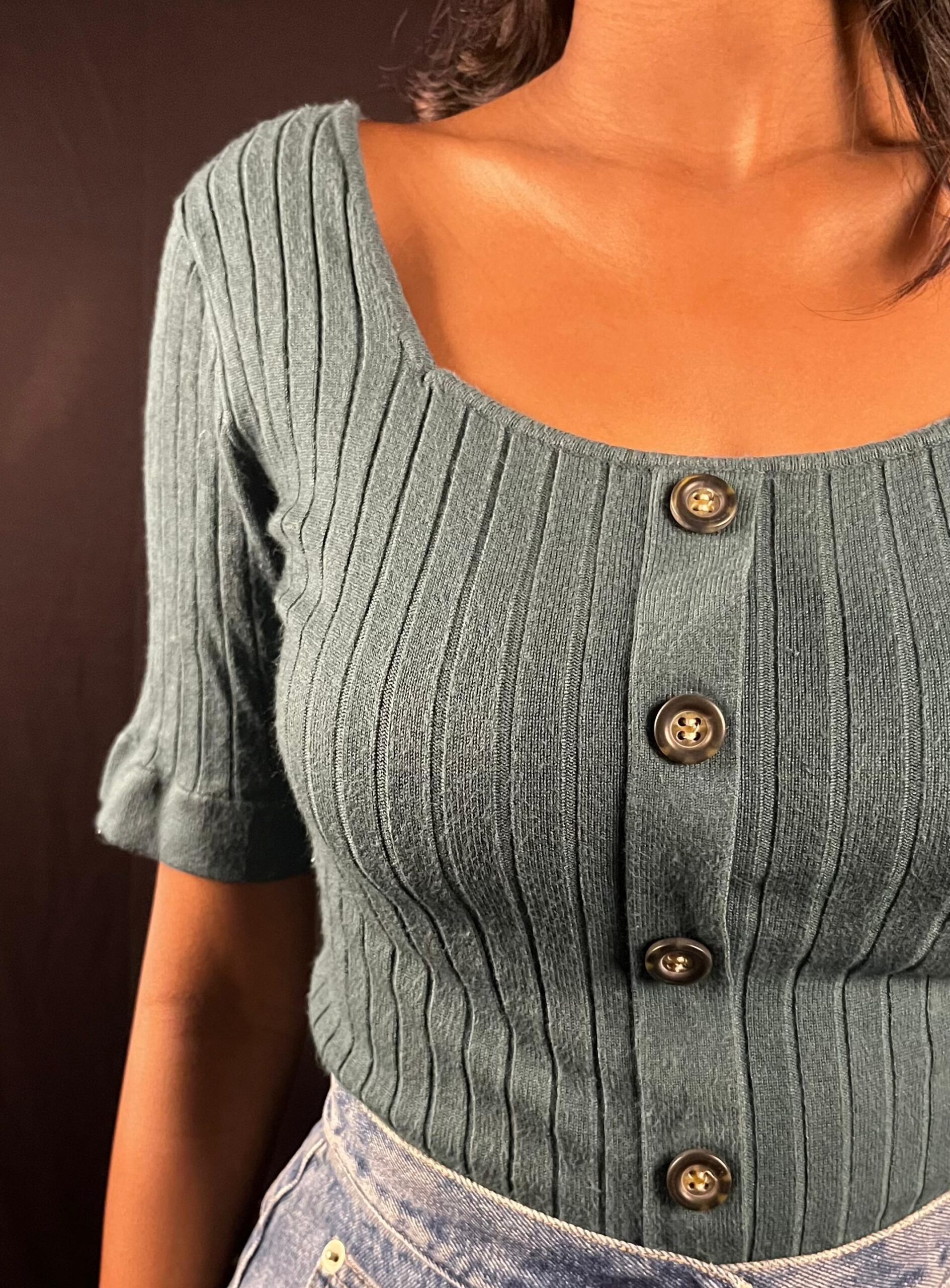 Sage Green Ribbed Button-Front Knit Top - Image 2