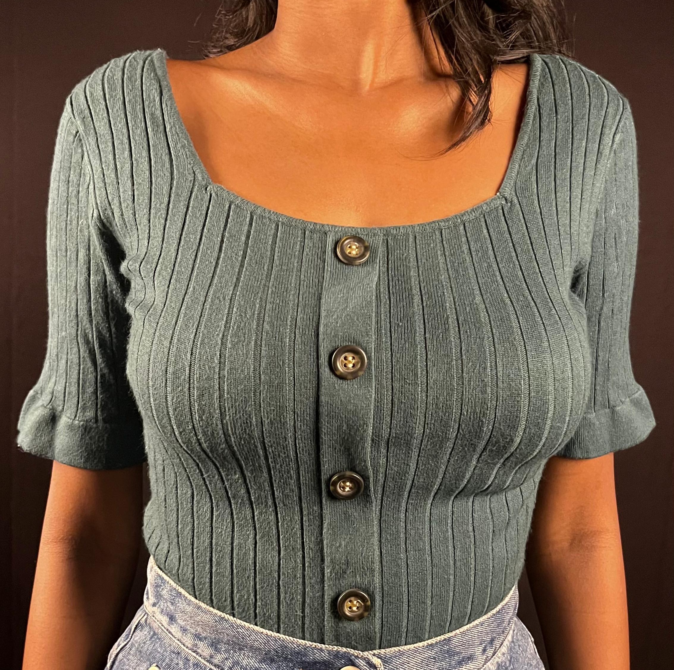 Sage Green Ribbed Button-Front Knit Top