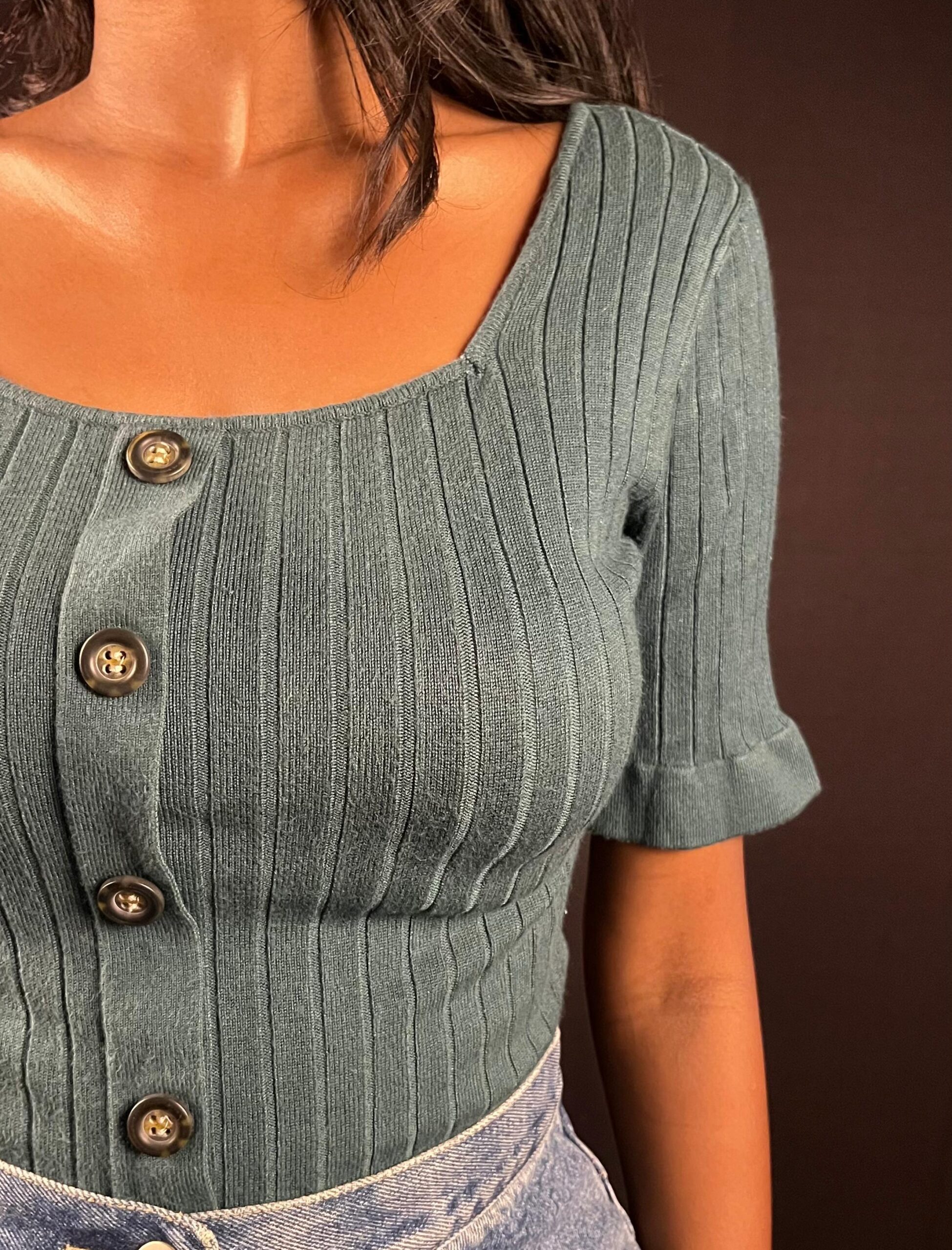 Sage Green Ribbed Button-Front Knit Top - Image 3