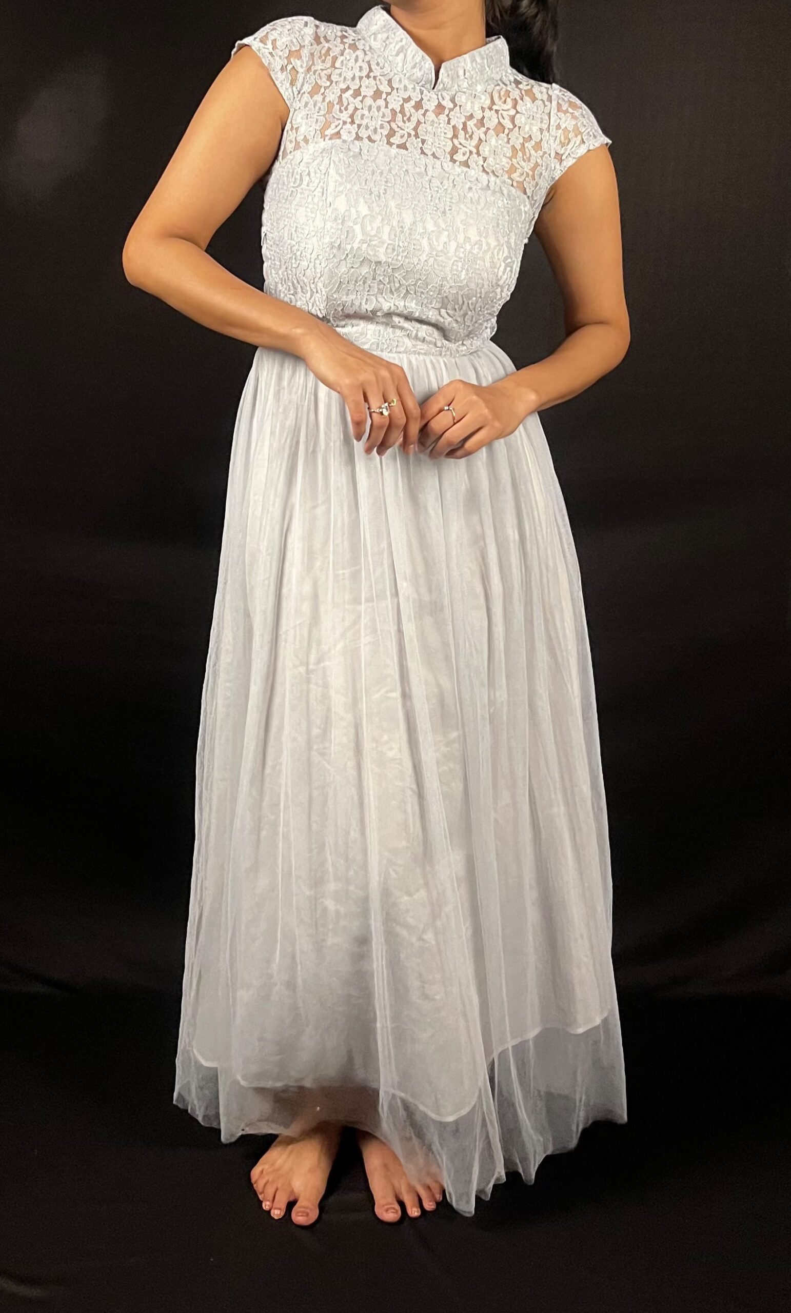Silver Grey Lace-Bodice Evening Gown