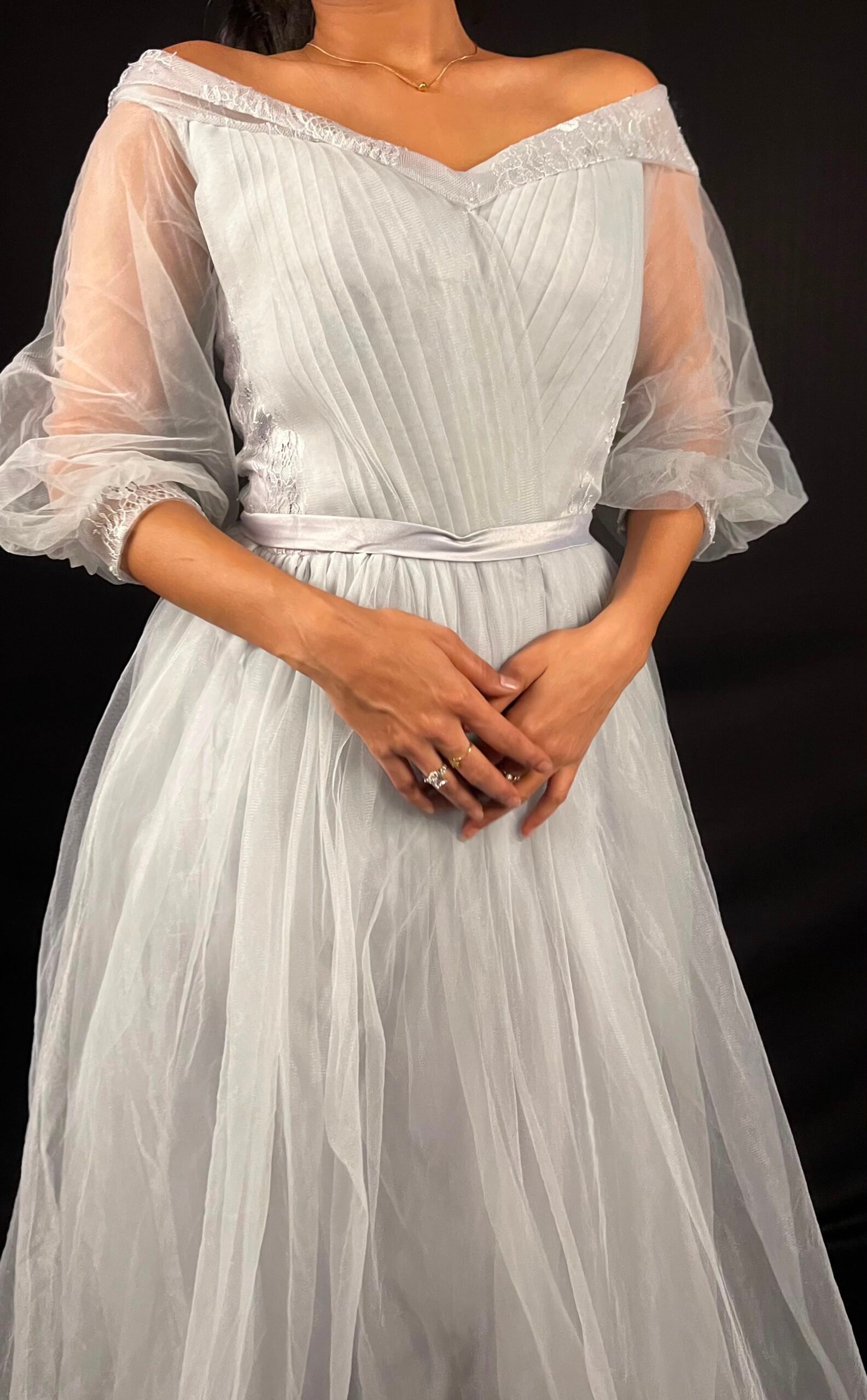 Silver Grey Off-Shoulder Tulle Ball Gown - Image 3