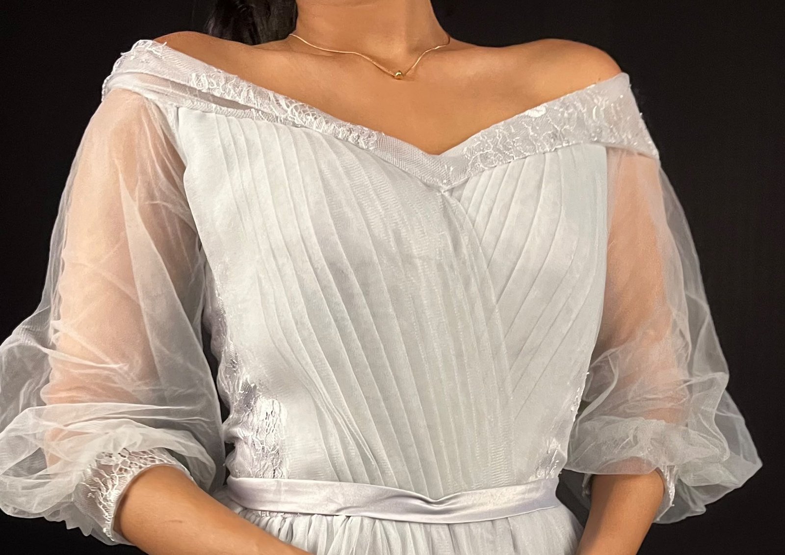 Silver Grey Off-Shoulder Tulle Ball Gown - Image 5