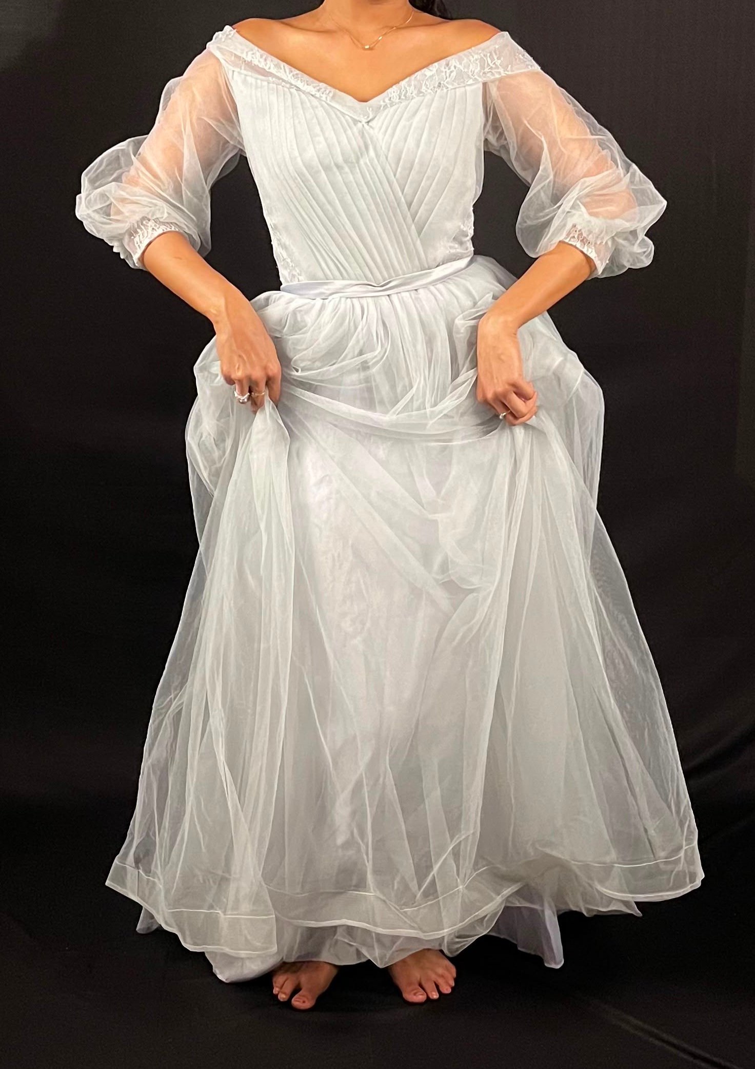 Silver Grey Off-Shoulder Tulle Ball Gown - Image 2