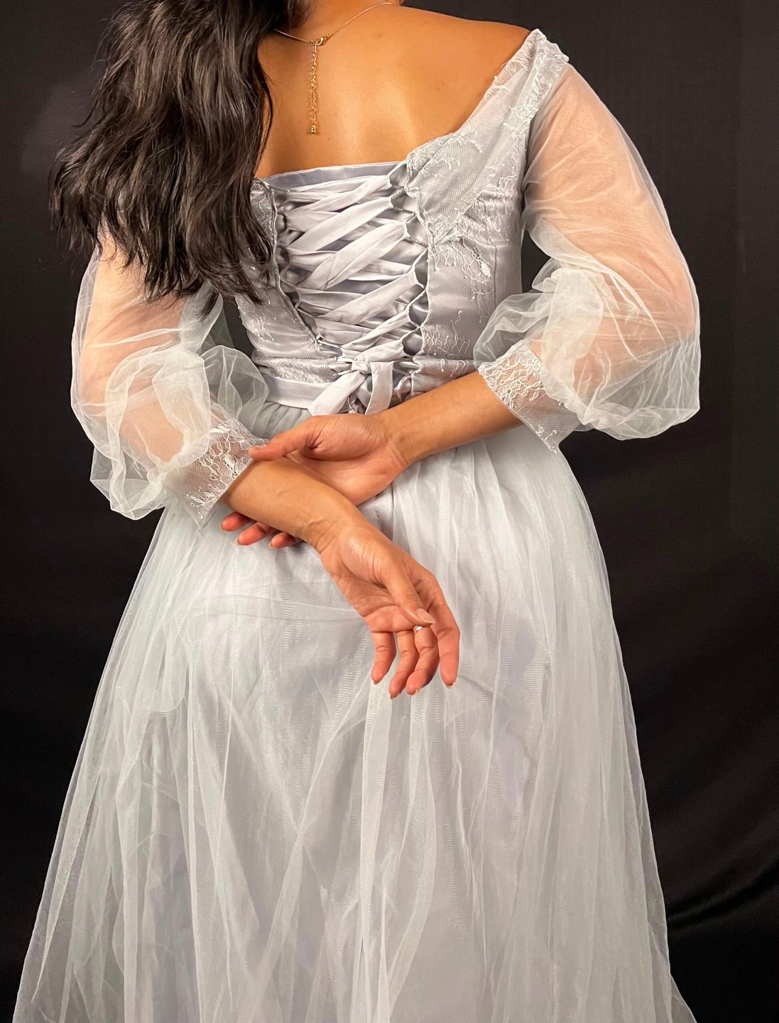 Silver Grey Off-Shoulder Tulle Ball Gown - Image 4