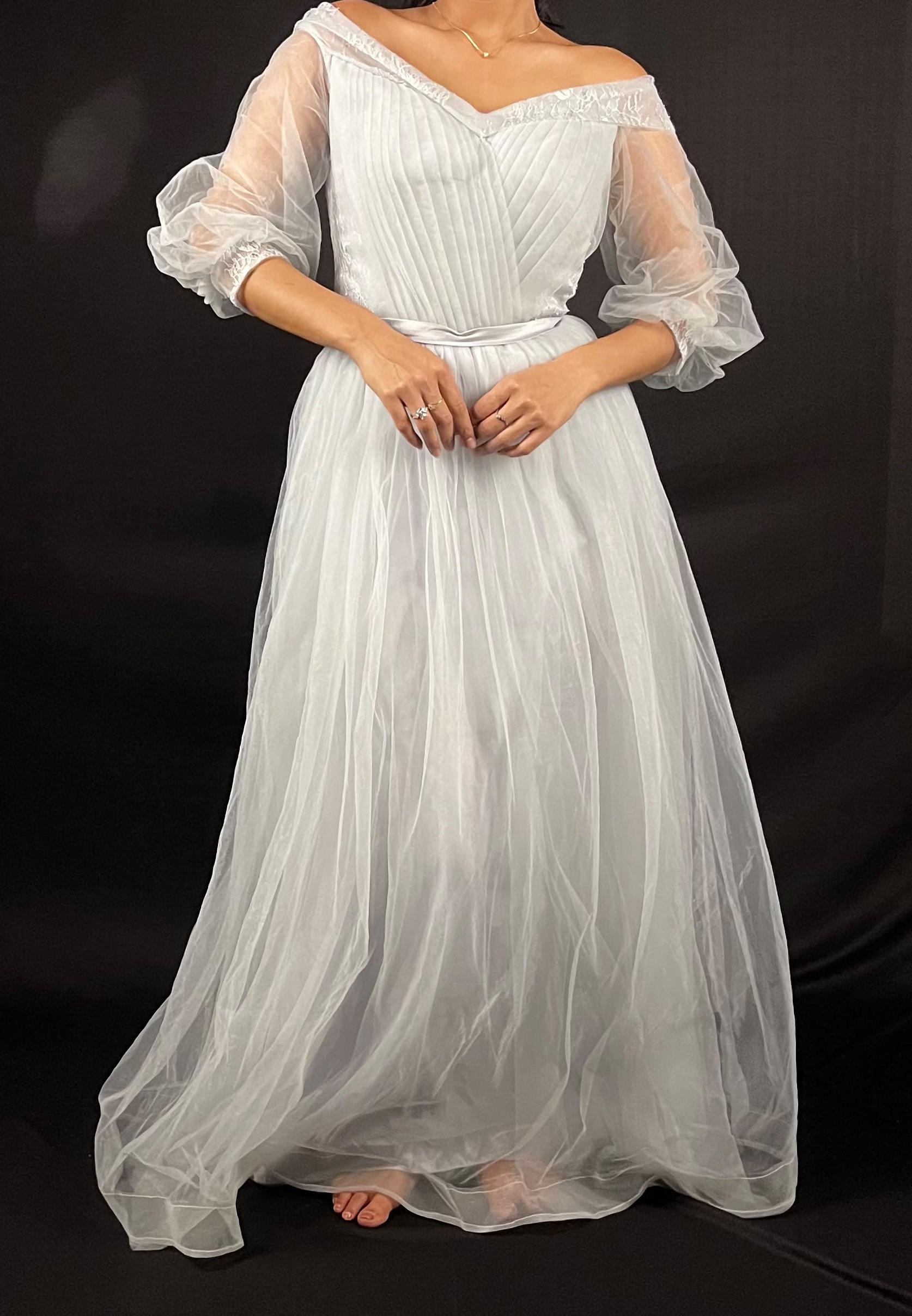 Silver Grey Off-Shoulder Tulle Ball Gown